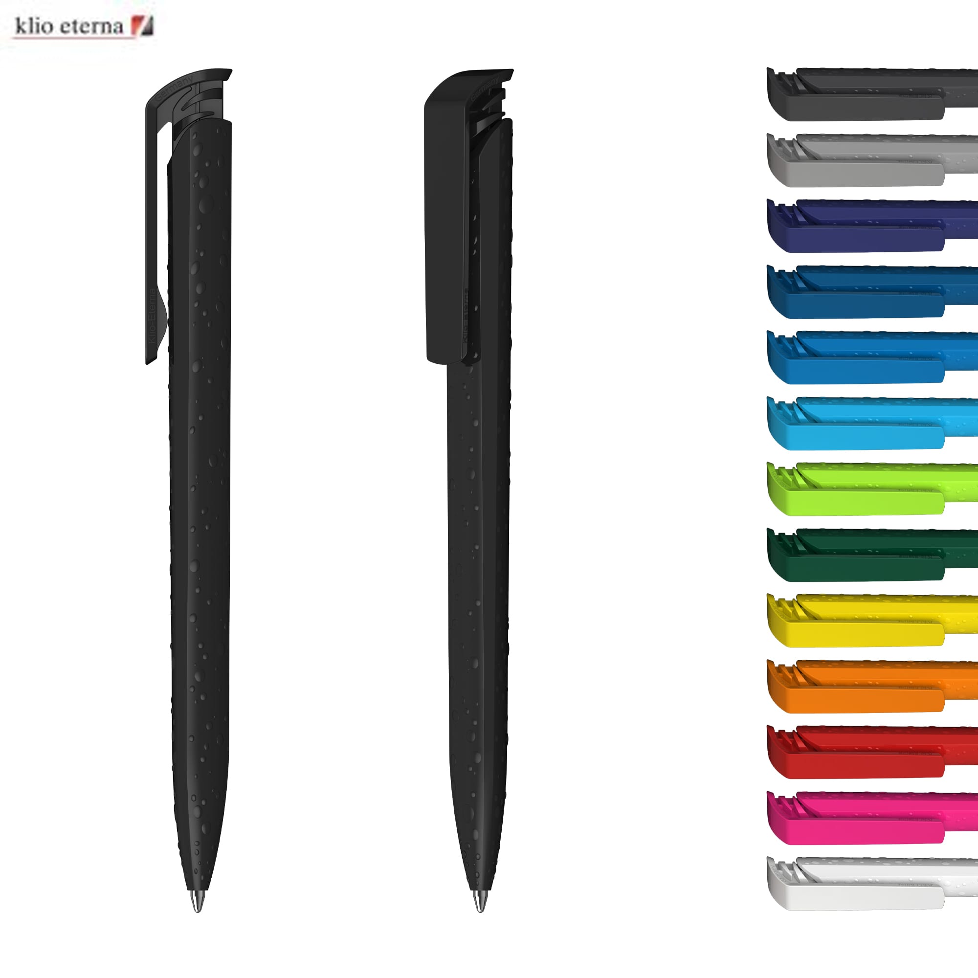 A black plastic pen with a sleek design, accompanied by a variety of colourful pen options. Features a logo. Trias Structure High Gloss - Image 1