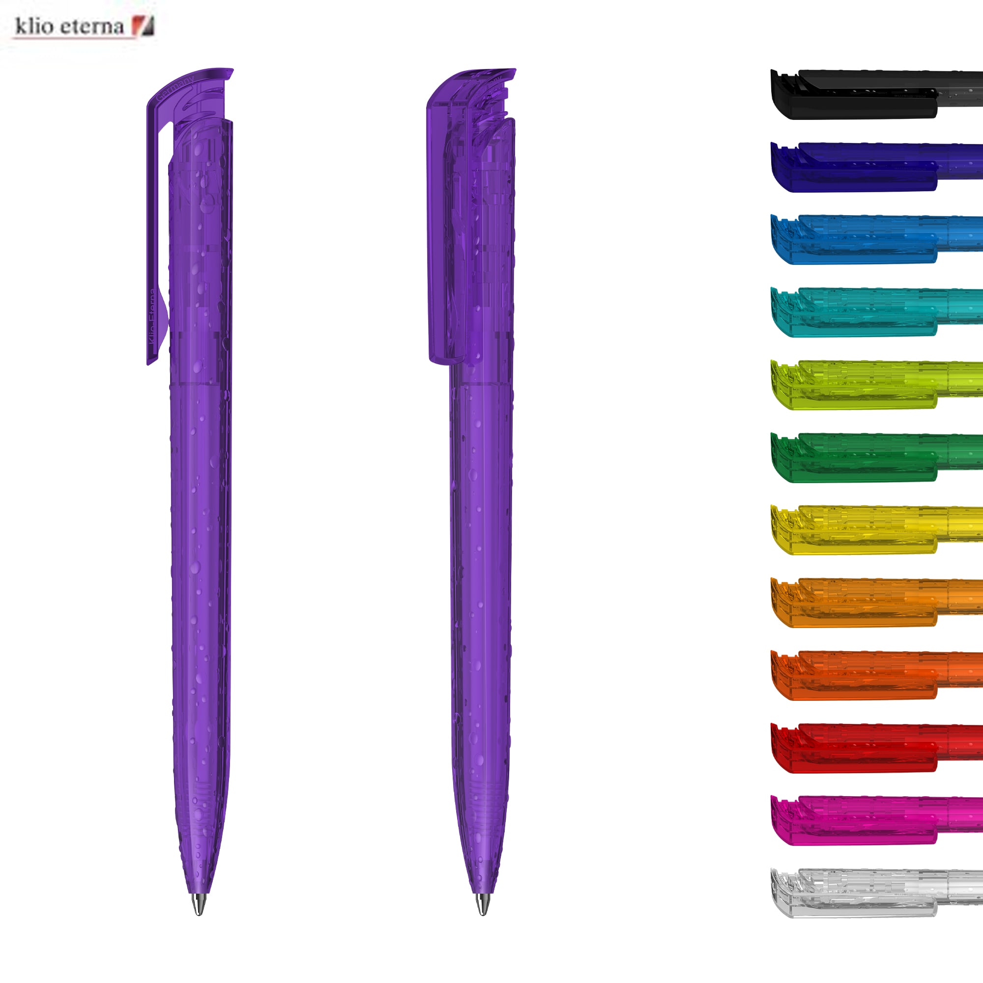 A transparent purple plastic pen with a clip, alongside various other colourful pens in different shades. Trias Structure Transparent - Image 1