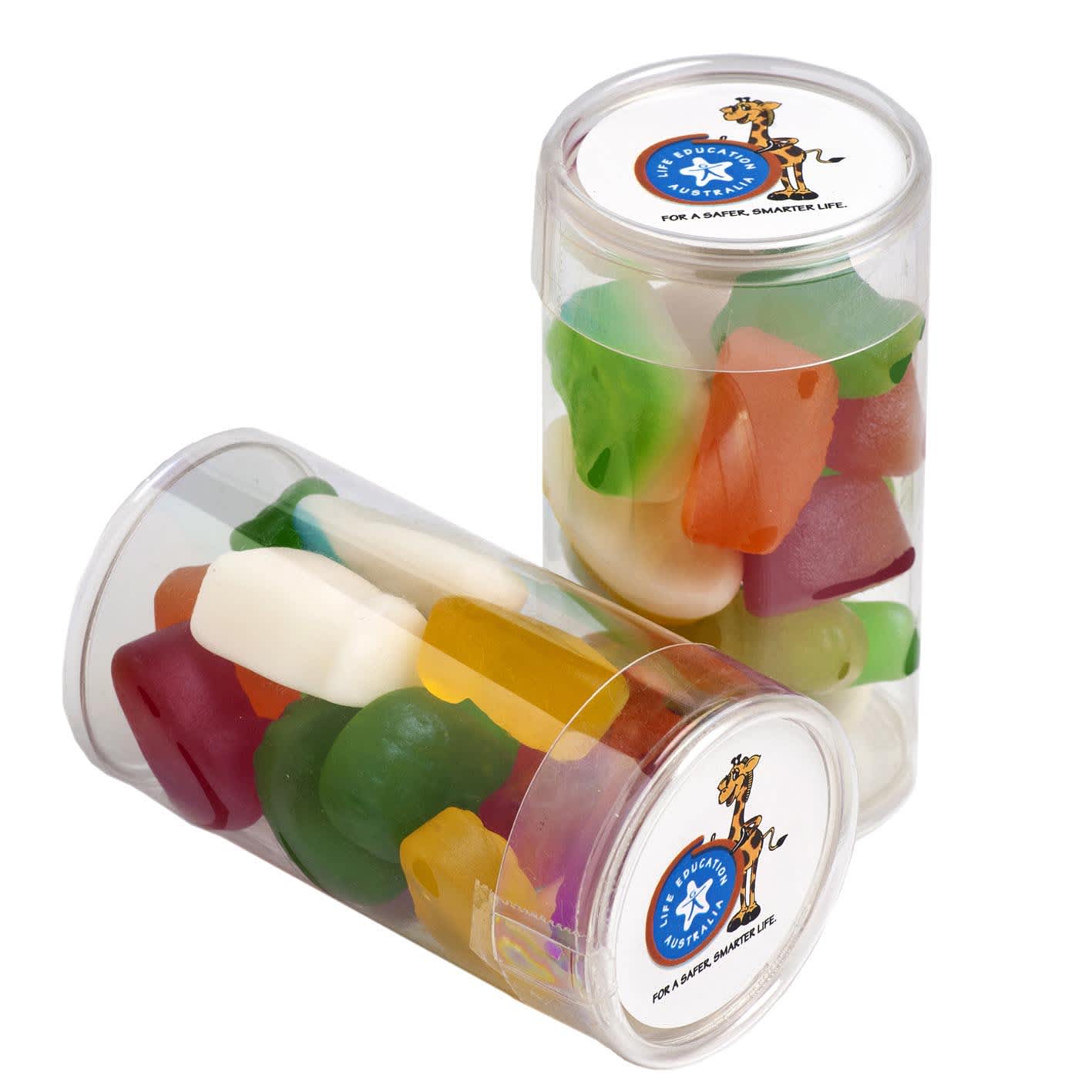 Two clear PET tubes filled with mixed lollies in various colours, including green, red, yellow, and white. Pet Tube with Mixed Lollies 95g - Image 1