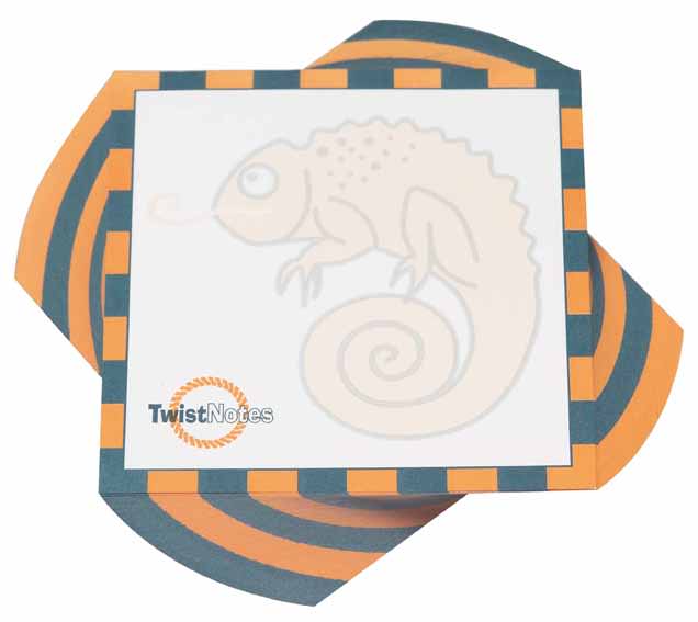 A 100x100mm twist note pad featuring three colours: orange, grey, and white, with a logo and a seahorse design. 100x100mm Twist Note - 1 Colour Print - 150 Leaf (Half Twist) - Image 1