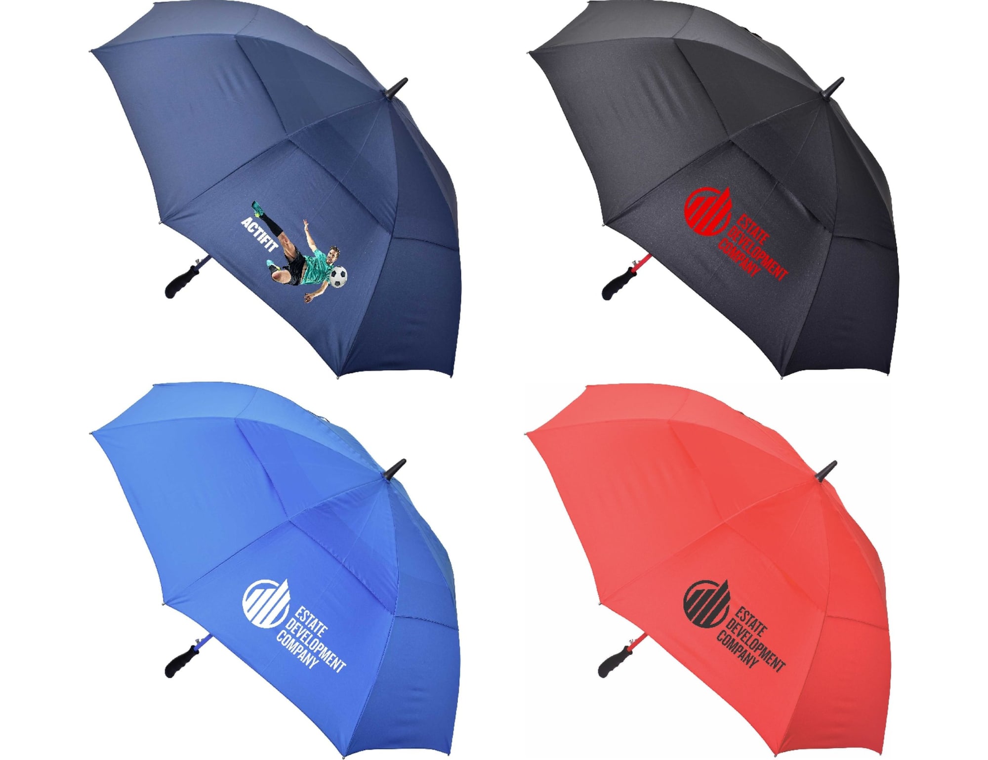 A collection of Deluxe 30 auto golf umbrellas in black, blue, red, and grey, featuring various logos. Deluxe 30" Auto Golf Umbrella - Image 1
