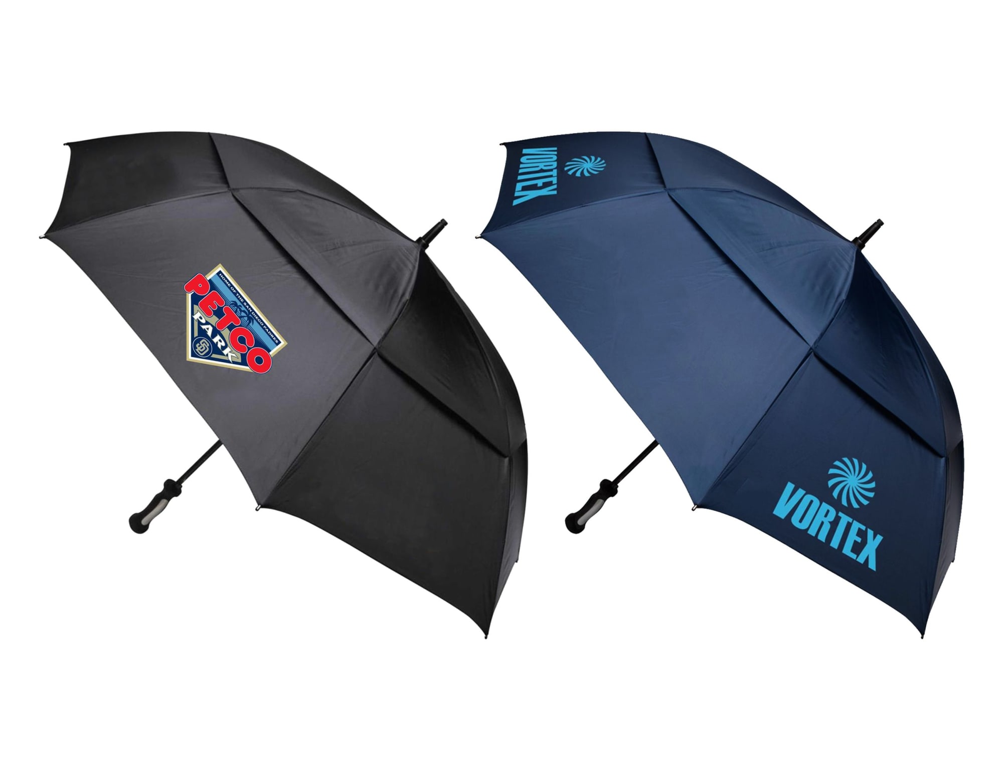 A black and navy golf umbrella featuring a logo, with a sleek, dual-panel design. Blizzard 30" RPET Golf Umbrella - Image 1