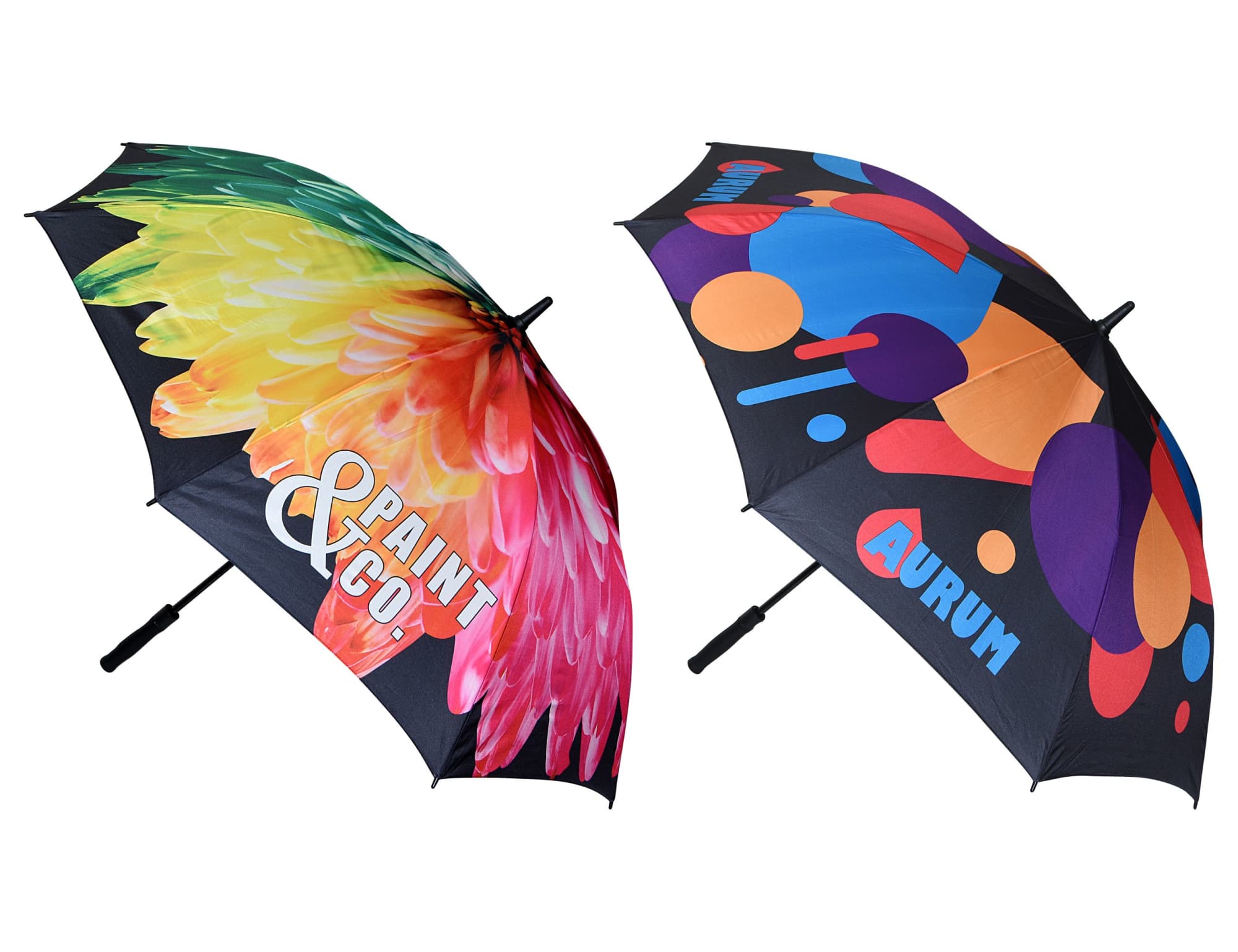 A golf umbrella featuring a vibrant floral design in multiple colours on one side and bold geometric shapes on the other. Designa Full Colour Promo Umbrella-Air - Image 1