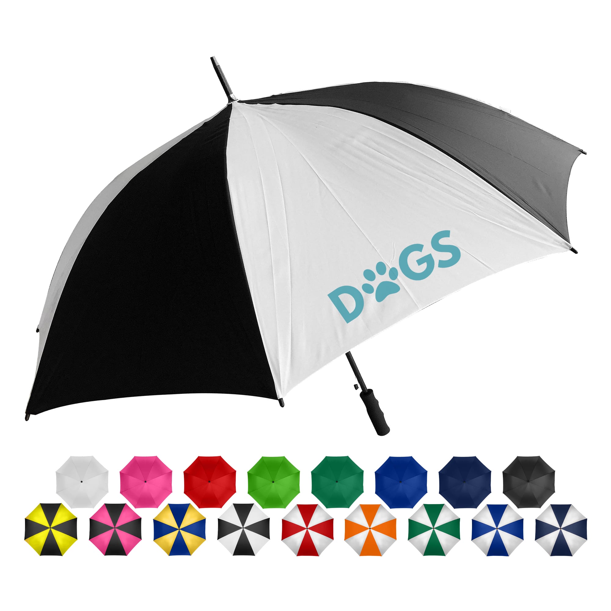 A black and white golf umbrella with a large handle, featuring a logo, alongside assorted coloured umbrellas. Sands Umbrella - Image 1