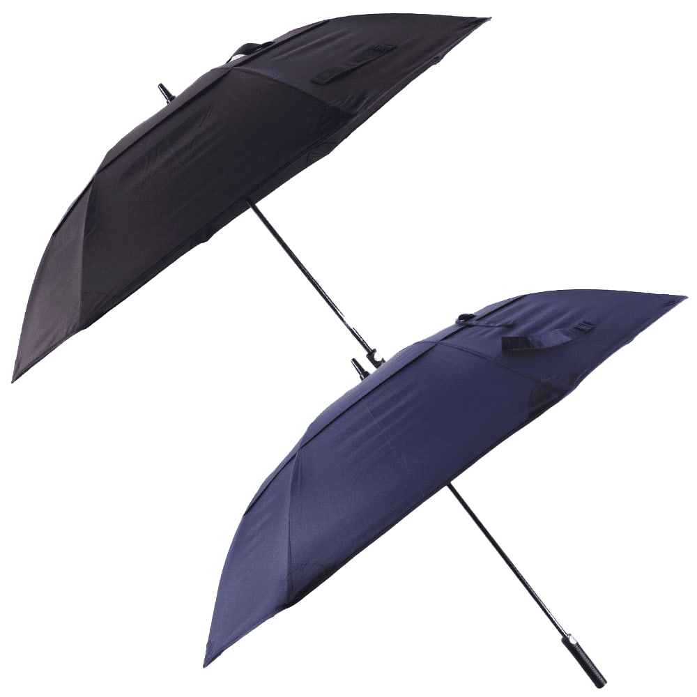 A 60" vented tipless golf umbrella in black and navy, featuring a sleek design and a handle with a logo. 60" Vented Tipless Golf Umbrella - Image 1