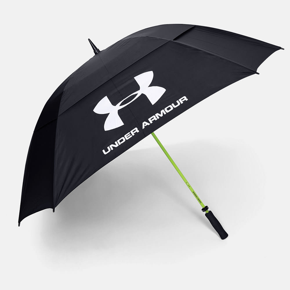 A black golf umbrella with a green handle, featuring a prominent logo. It has a large 68-inch canopy. Under Armour Golf Umbrella (68") - Image 1