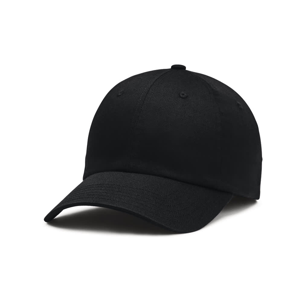 A black adjustable cap with a curved brim and a logo on the front. Suitable for casual wear. Under Armour Team Chino Adjustable Cap - Image 1