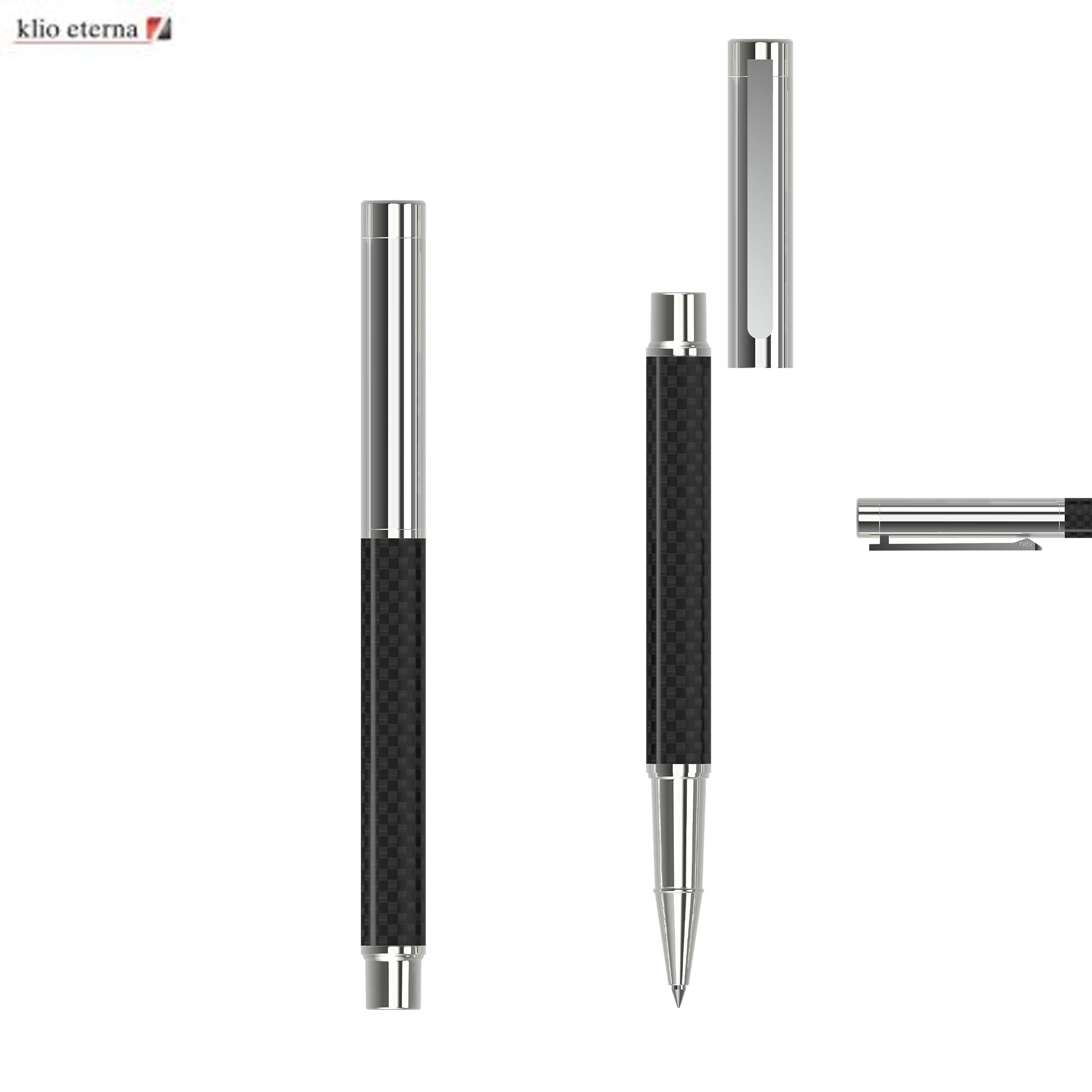 A metal rollerball pen in black with a textured grip and chrome accents, featuring a clip and a logo. Unique Rollerball Carbon MMc - Image 1