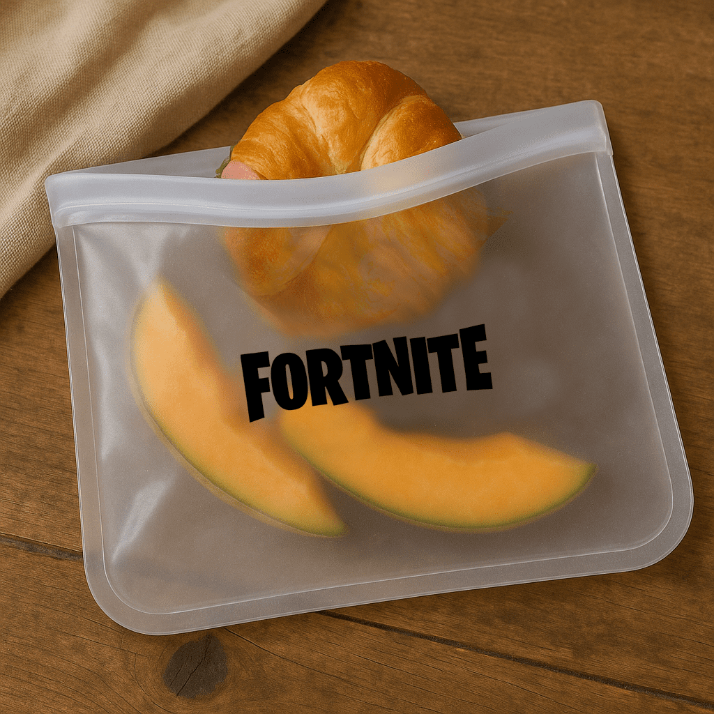 A transparent PEVA reusable food storage bag contains a croissant and slices of melon, with a logo visible. PEVA Reusable Food Storage Bag (260mm x 200mm) - Image 1