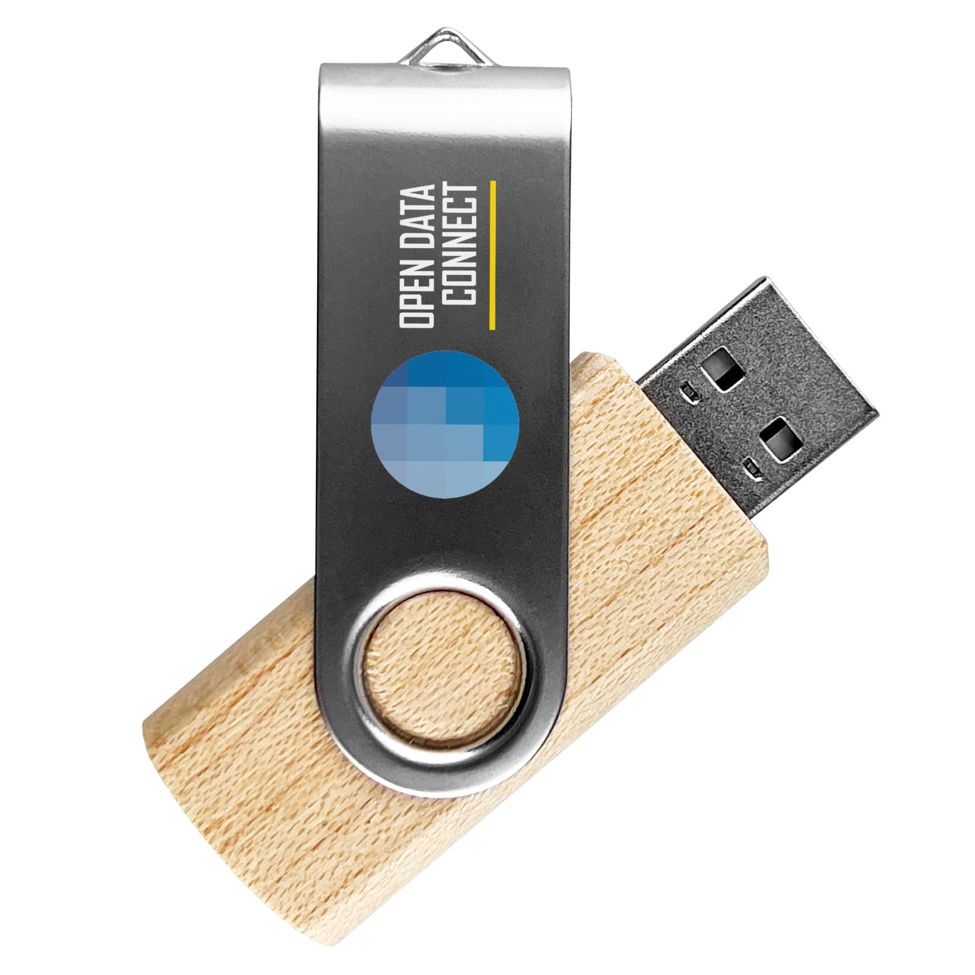 A silver and bamboo USB flash drive, featuring a metal swivel design and a branding logo. Tallinn Bamboo USB 16GB - Image 1