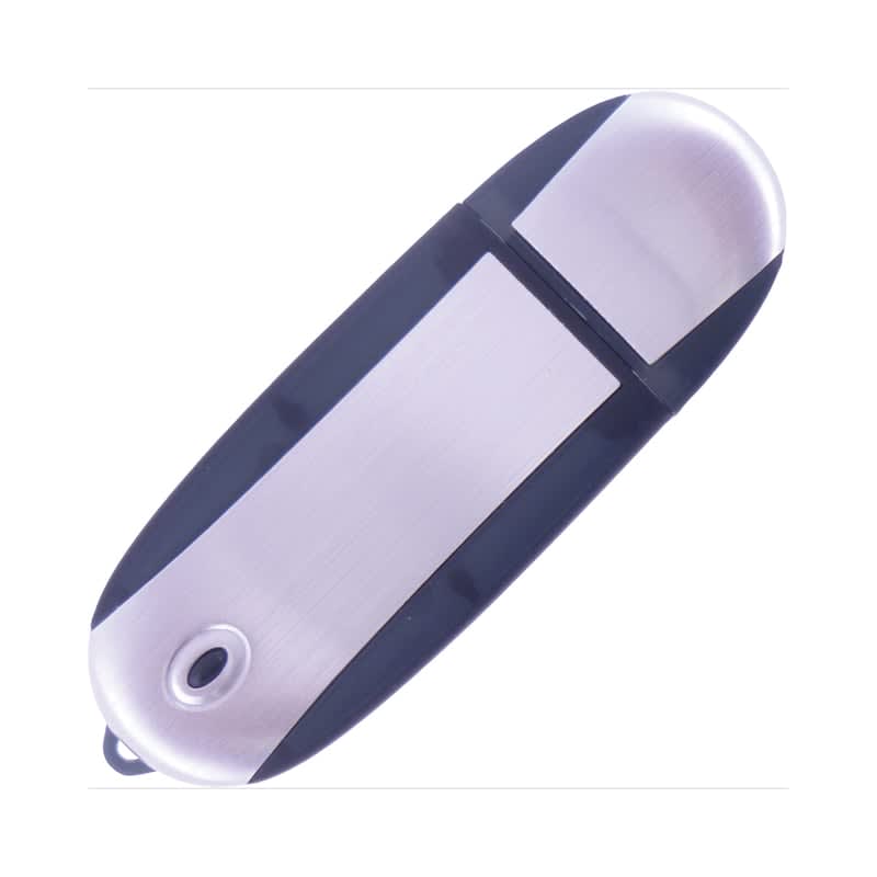 An oval silver and black flash drive with a sleek design and a small hole for attachment. Oval Flash Drive - Image 1