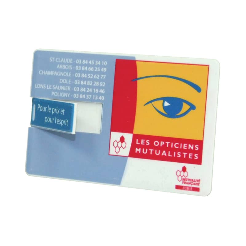 A slim, credit card-sized flash drive in blue and yellow with a logo and contact information on the surface. Slimline Credit Card Flash Drive - Image 1