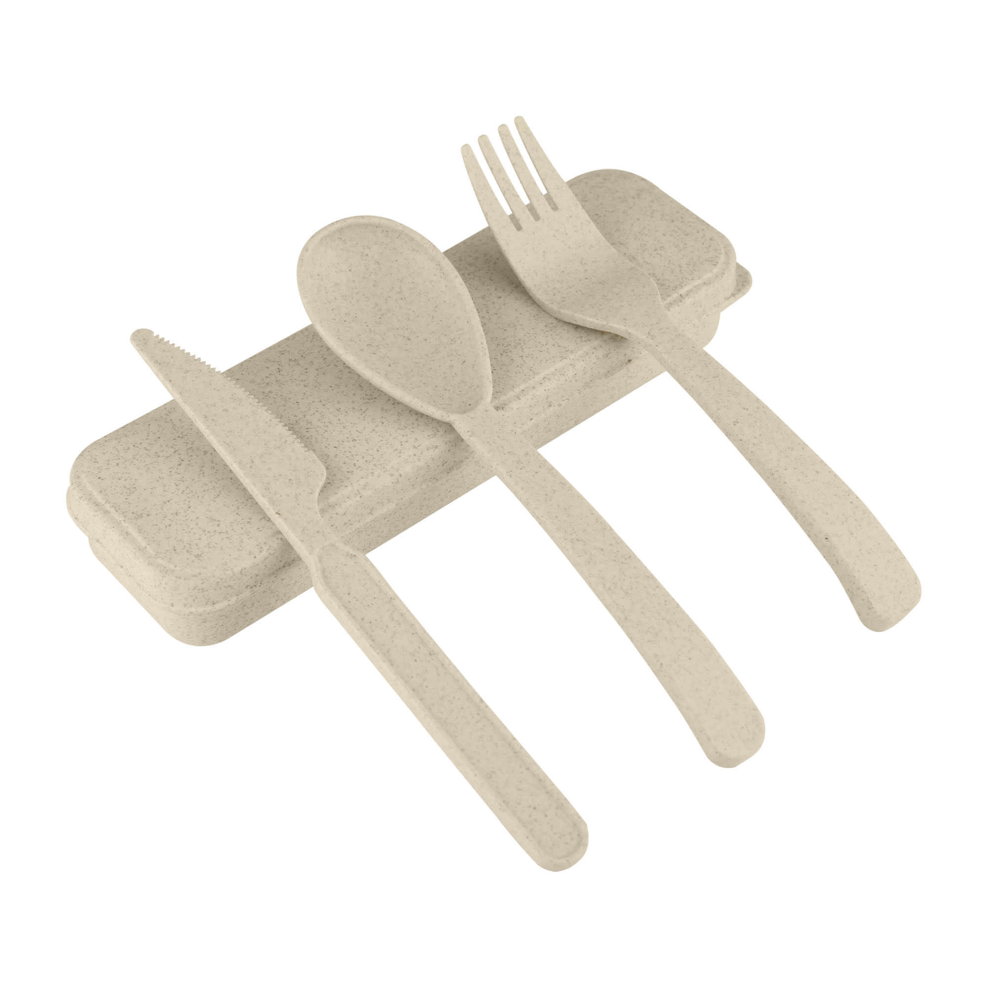 A set of wheat straw utensils in cream colour, featuring a fork, knife, and spoon, housed in a matching case. Wheat Straw Utensils Set - Image 1