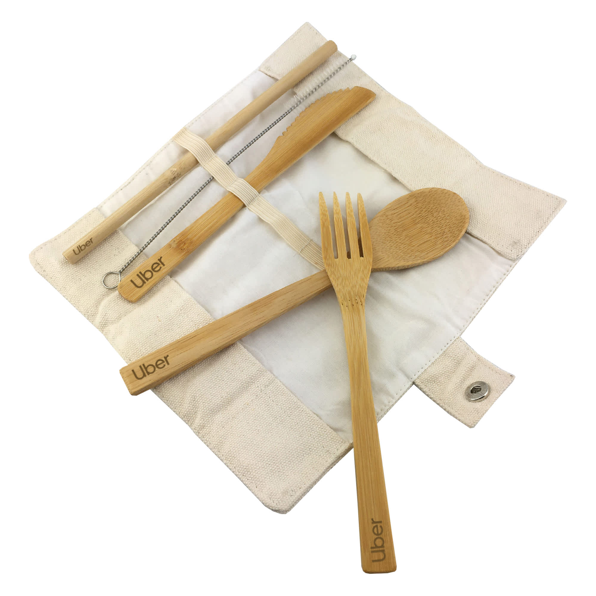 A bamboo utensils set featuring a fork, spoon, knife, and straw, packaged in a natural fabric pouch with a logo. Bamboo Utensils Set - Image 1