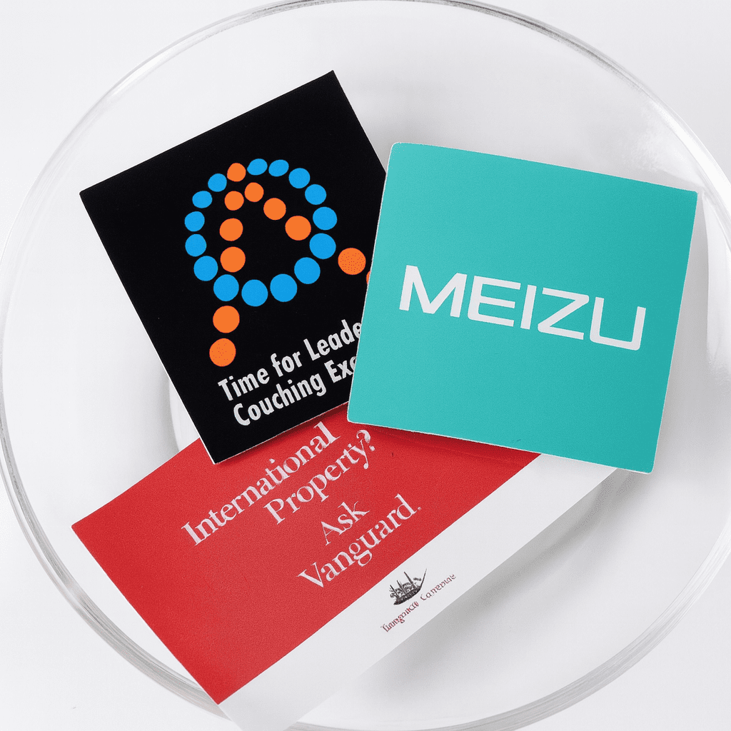 A clear dish containing three vinyl stickers: one black with colourful dots, one turquoise with "MEIZU," and one red and white. Vinyl Sticker (75 x 210mm) - Image 1