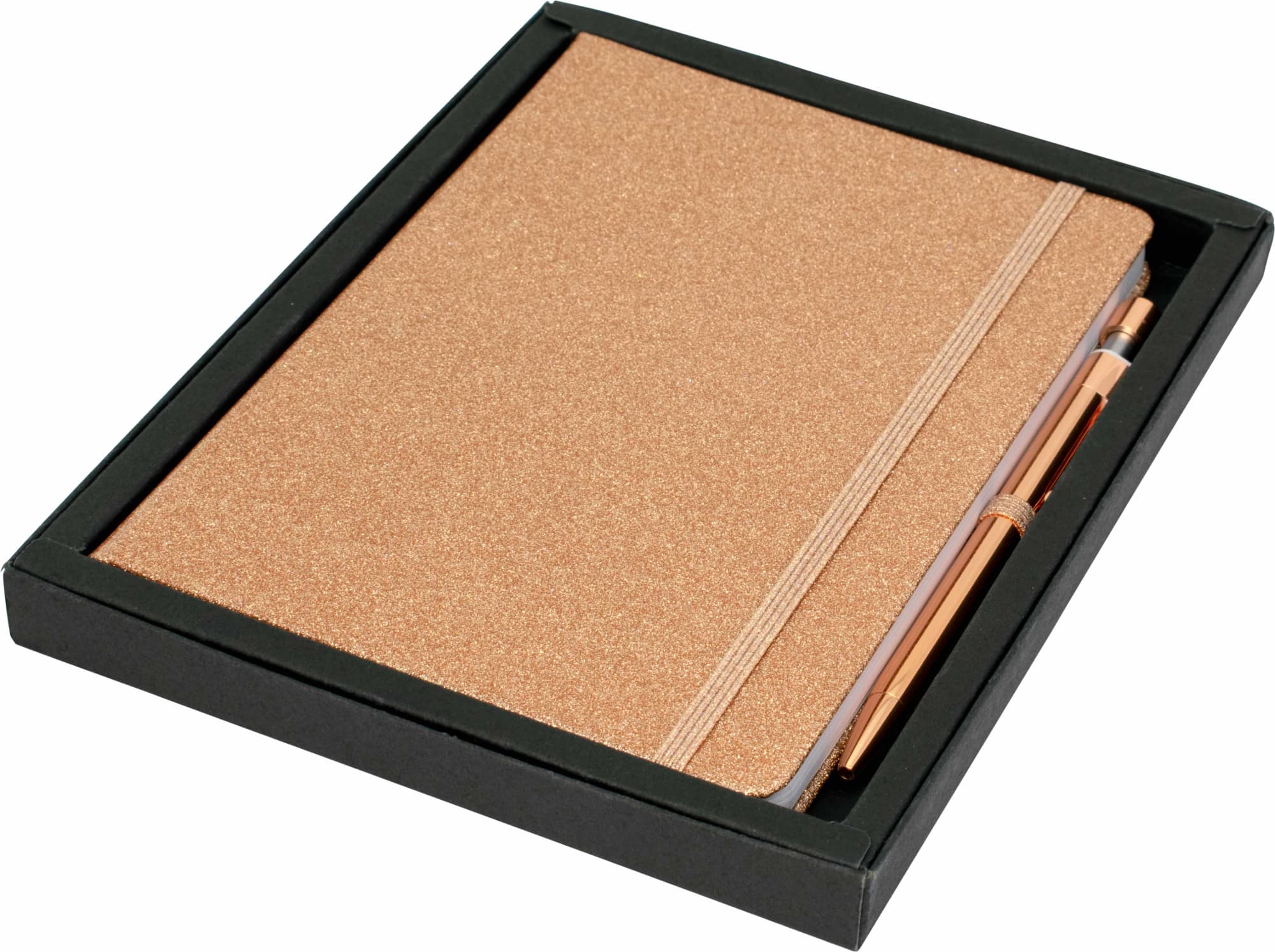 A gold glitter A5 notebook with an elastic band and a matching pen, neatly presented in a black gift box. Notebook Gift Box (Carnival A5 Size) - Image 1