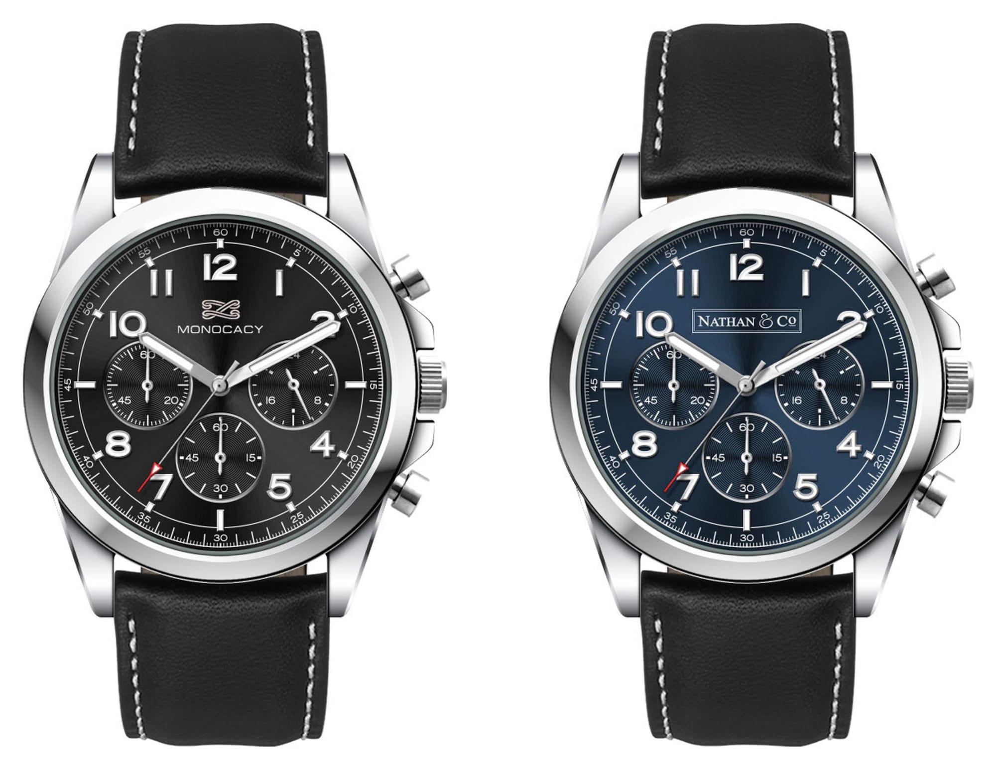 A unisex Chrono watch with a black leather strap, featuring two dial options: black and blue. Each has a branded logo. Chrono Unisex Watch, Leather Strap - Image 1