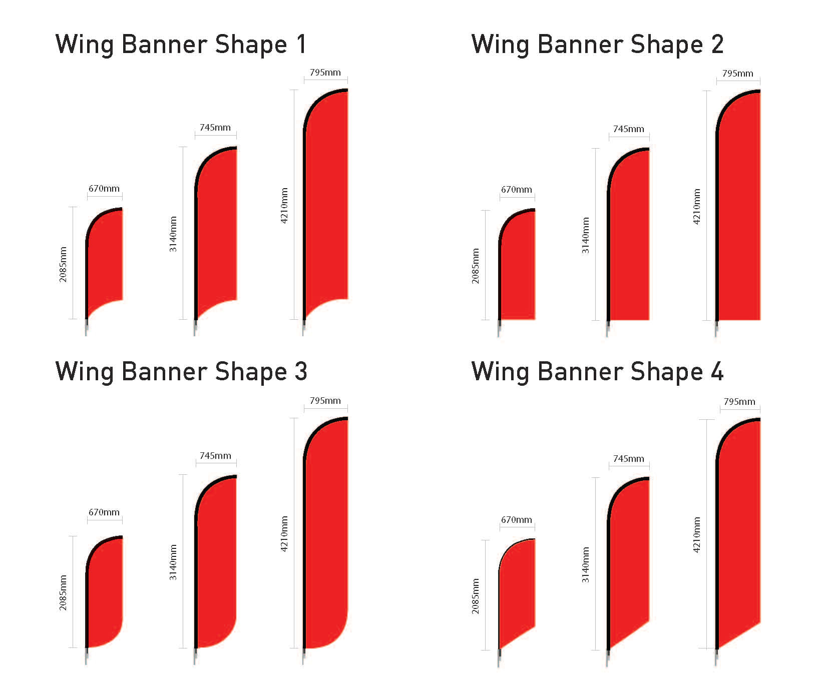 Four red wing banner shapes with dimensions displayed, each featuring a logo. Small Single Sided Wing Banner Skin Only - Image 1