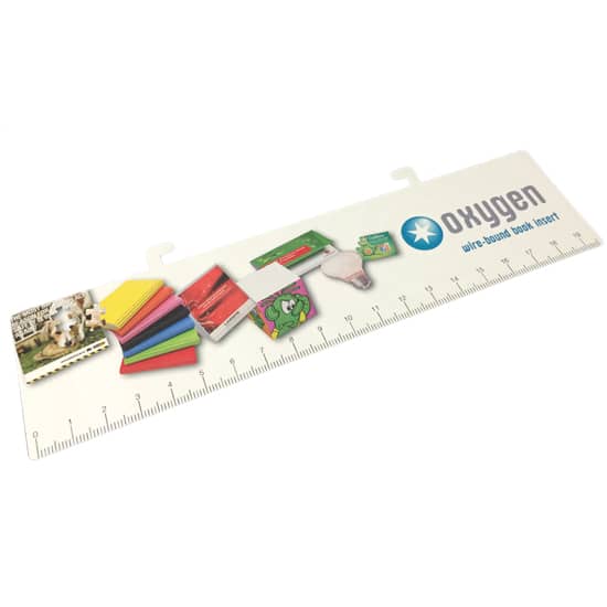 A ruler with a colourful design featuring various stationery items and branding, measuring 200x50mm with a hanging feature. Bookmarks for wiro 200x50+10mm 2 sided - Image 1