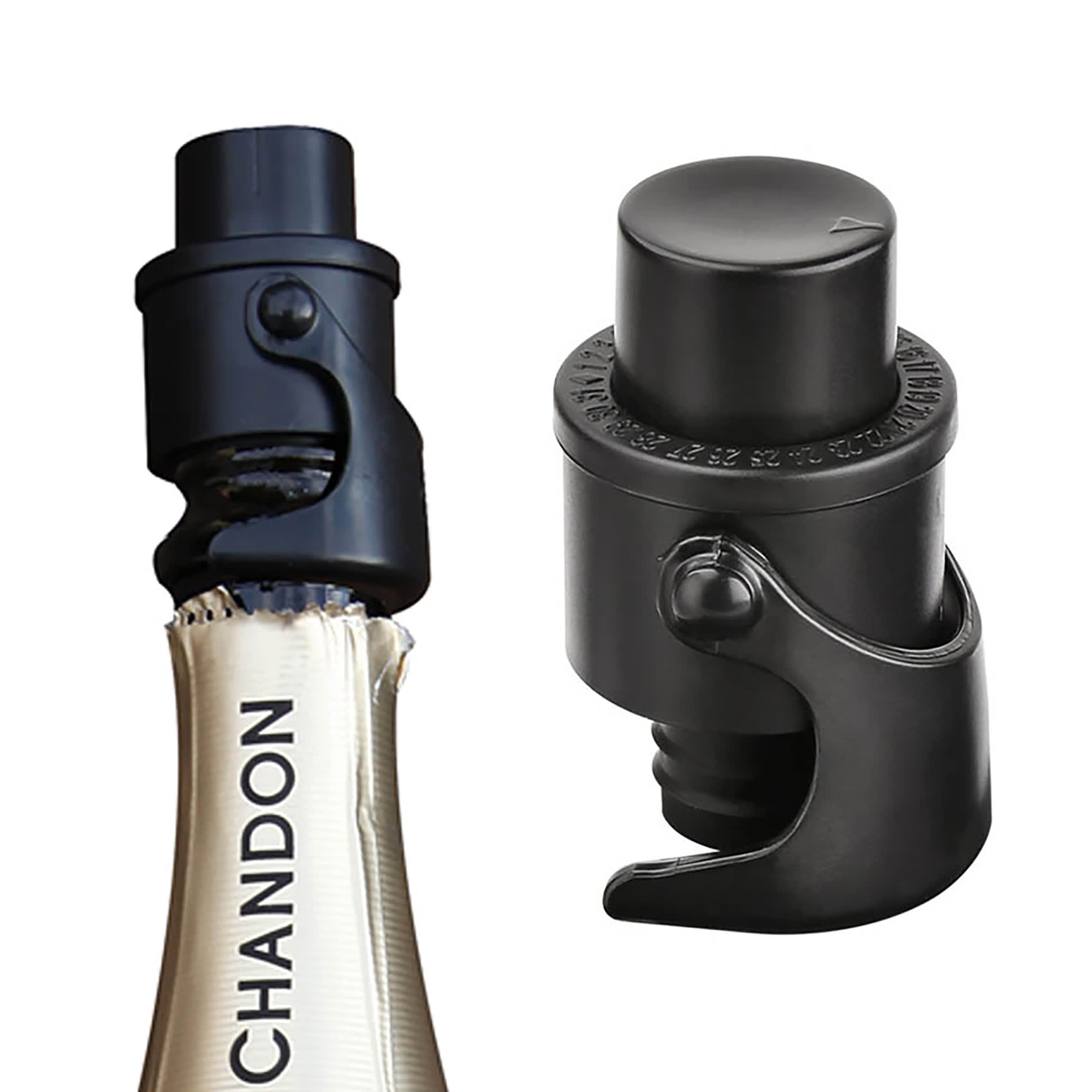 A black champagne stopper designed to fit over a bottle neck, featuring a secure closure mechanism. Champagne Stopper - Image 1