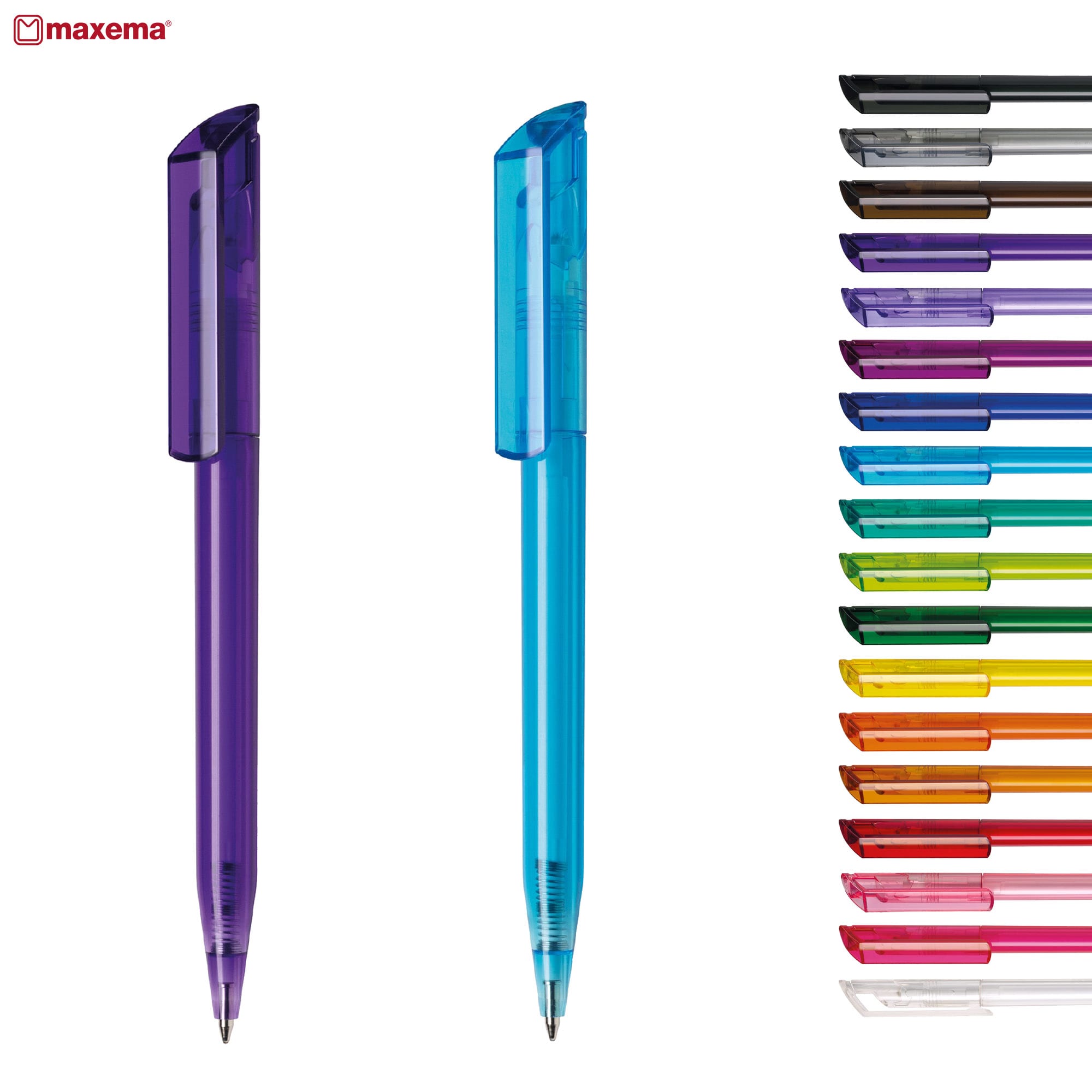A collection of plastic pens in various colours, featuring purple and blue pens prominently, along with a selection of other shades. Zink 30 - Image 1