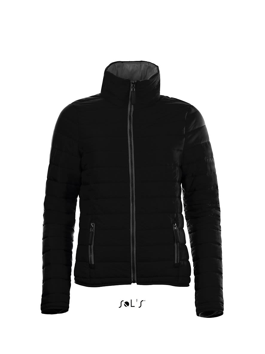 A black women's padded jacket with a zip front and side pockets, featuring a fitted design. It has a logo. Jacket women's padded RIDE - Image 1