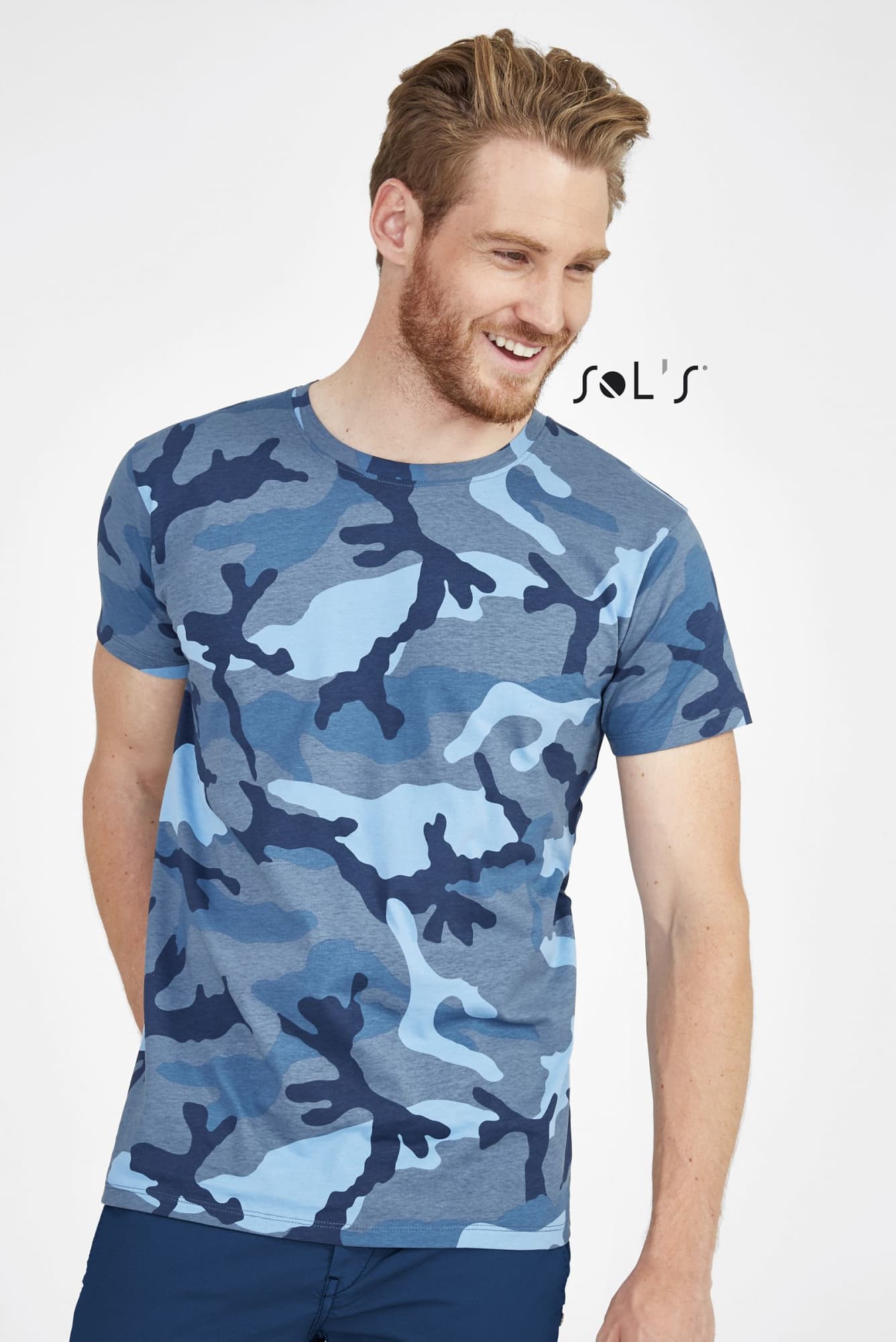 A men's round collar T-shirt in blue camouflage pattern, featuring short sleeves and a logo. T shirt CAMO MEN'S - ROUND COLLAR - Image 1