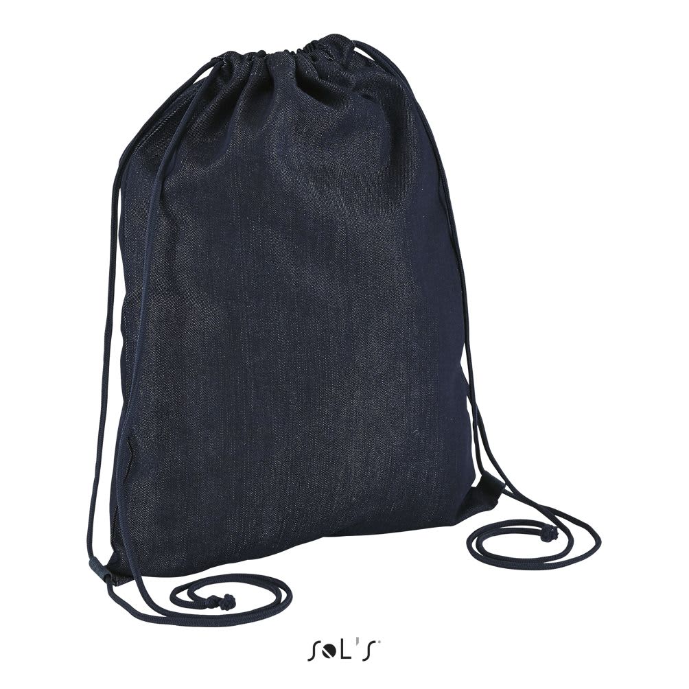 A denim fabric backsack in a dark blue shade with drawstring closure and shoulder straps. DENIM FABRIC Backsack - Image 1