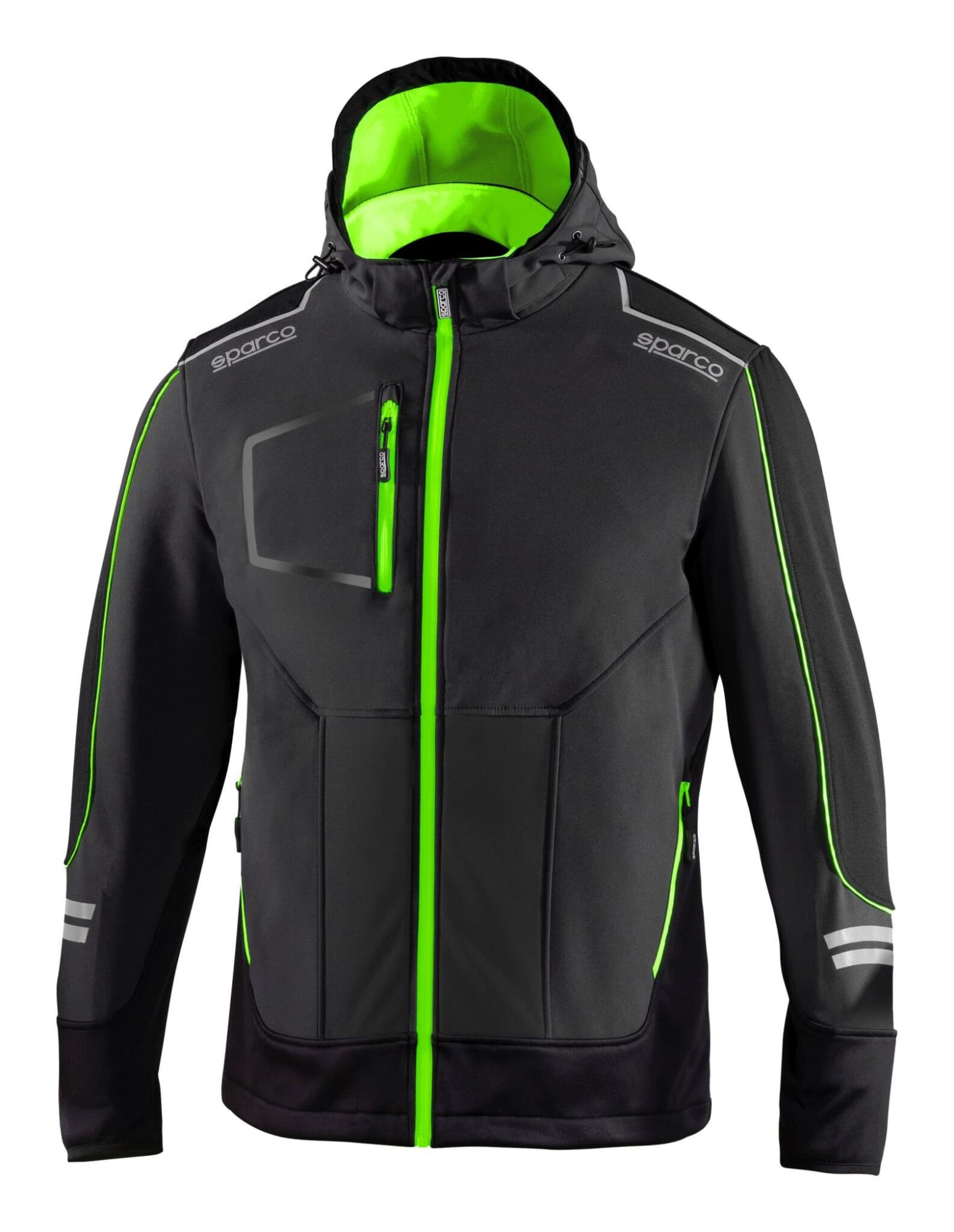A black soft-shell jacket with green accents and a hood, featuring a logo and reflective elements. York Tech Soft-Shell Jacket - Image 1