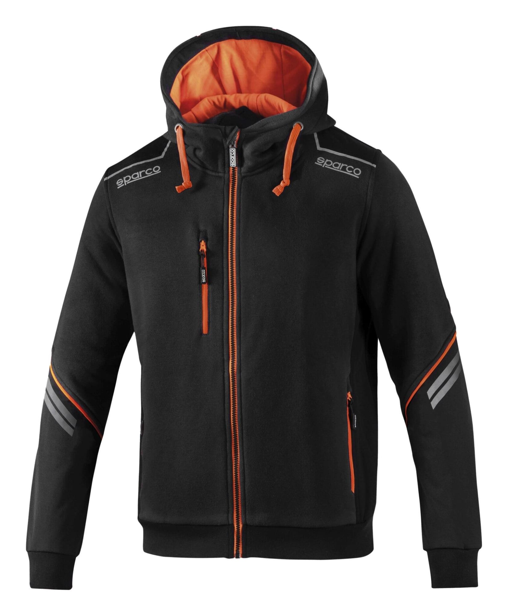 A black hooded jacket with orange accents, featuring a full zip and reflective details, including a logo. Colorado Tech Full Zip Hooded Jacket - Image 1