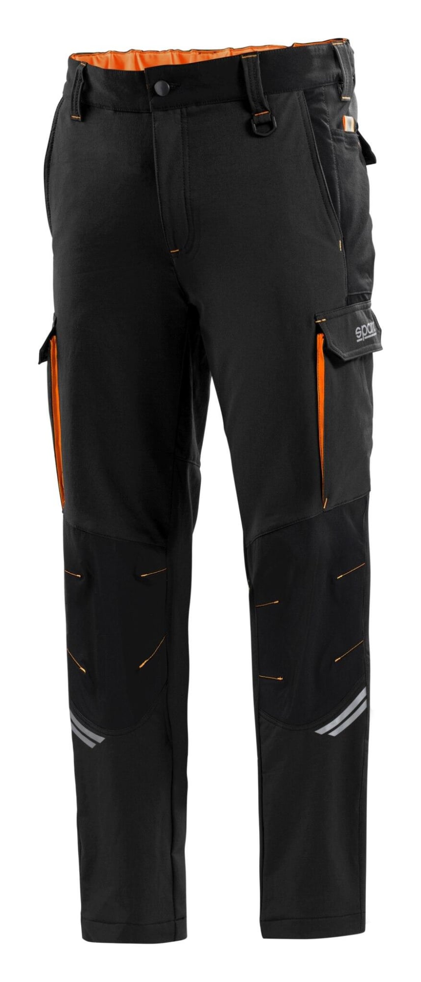 Oregon Tech Trousers in black with orange accents, featuring cargo pockets and reinforced knee panels. Oregon Tech Trousers - Image 1
