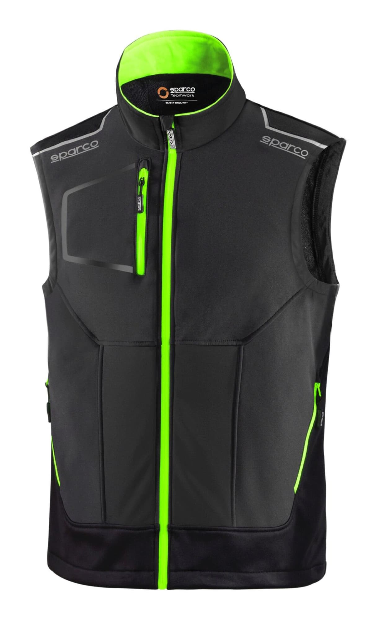 A sleeveless vest in black with bright green accents and a zippered front, featuring a logo on the collar. Illinois Tech Light Vest - Image 1