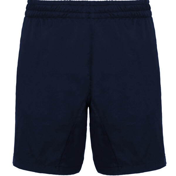 Navy blue sports shorts with an elastic waistband and a logo. Suitable for athletic activities. Andy Sport Shorts - Image 1