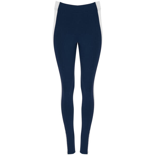 Navy leggings with white side panels, featuring a branded logo. Suitable for activewear or casual wear. Agia Leggings - Image 1