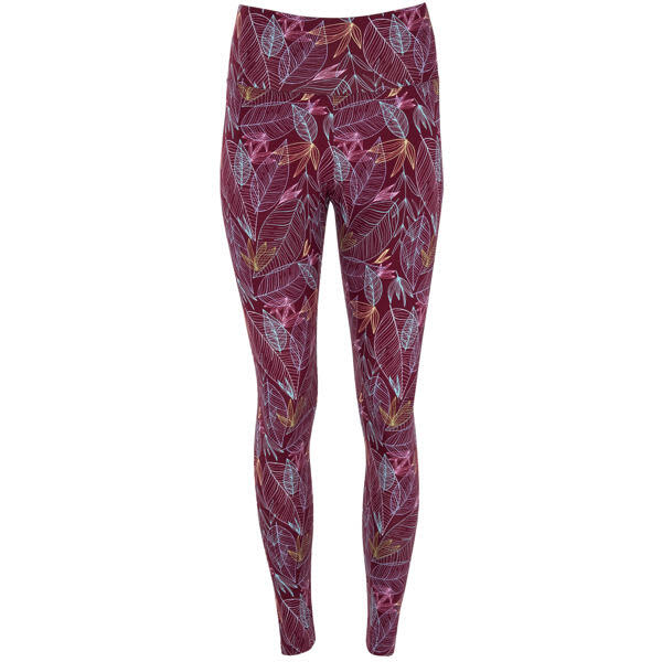 A pair of maroon leggings featuring a vibrant leaf pattern and a logo on the waistband. Cirene Leggings - Image 1