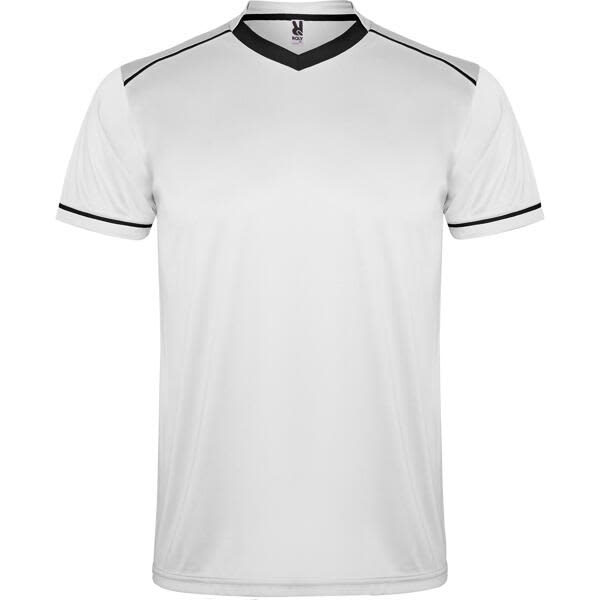 A white sports uniform t-shirt with black accents and a V-neck design. It features a logo on the front. United Sports Set - Image 1