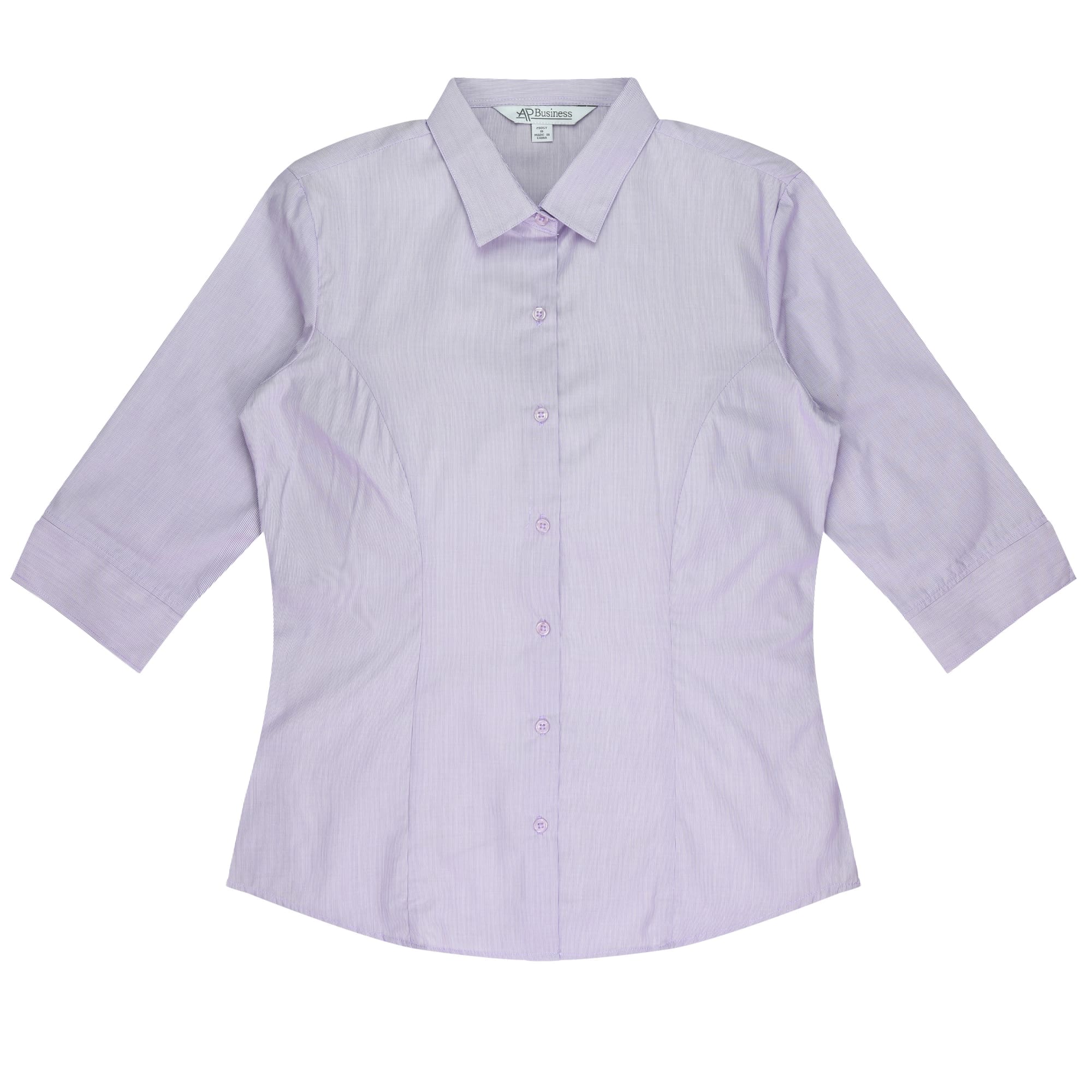 A light purple button-up shirt with 3/4 sleeves and a fitted design, featuring a logo. BELAIR LADY SHIRT 3/4 SLEEVE RUNOUT - Image 1