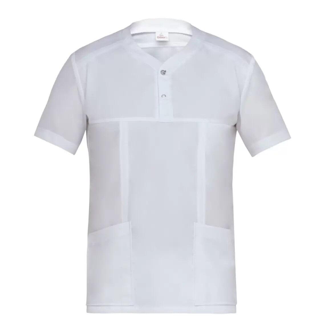 A short-sleeved, white Connor Jacket featuring a buttoned neck and two front pockets, with a logo displayed. Connor Jacket - Image 1