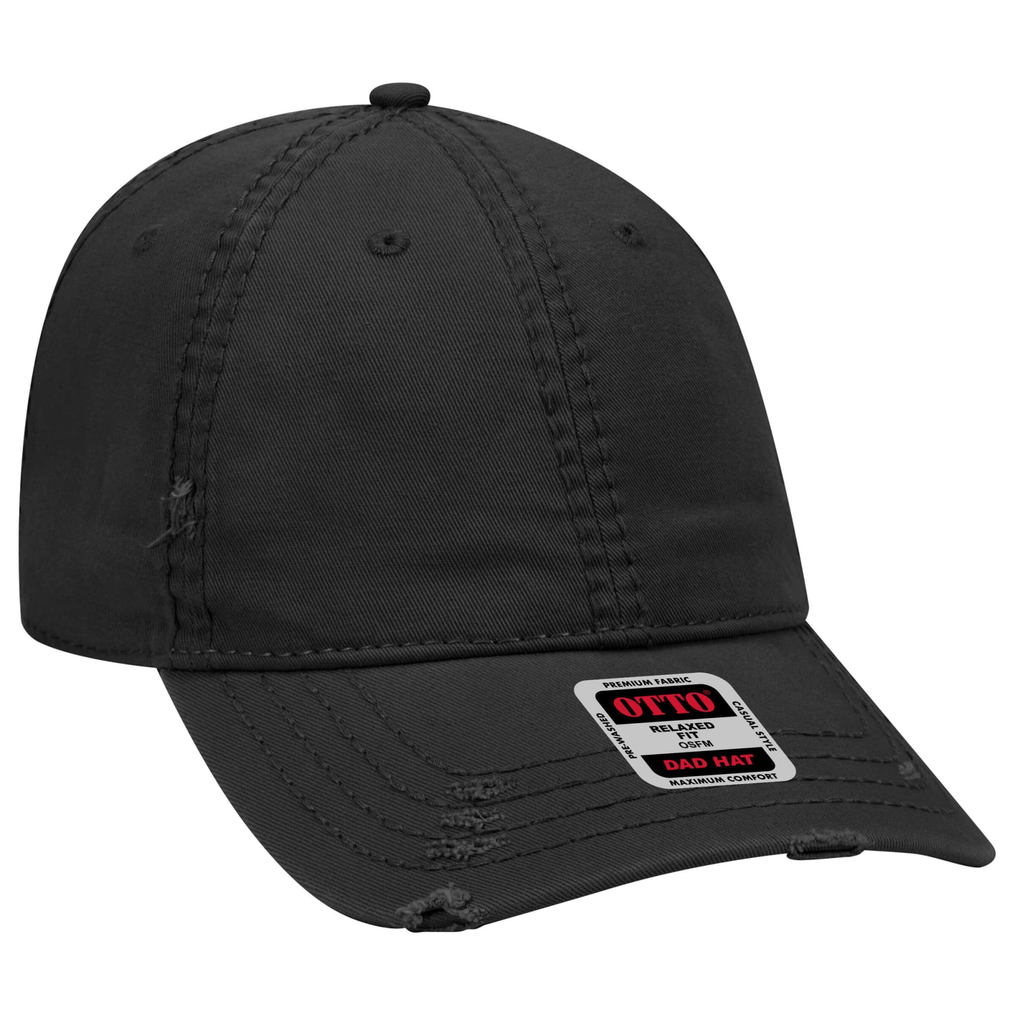 A black 6-panel dad hat featuring a curved brim and a label indicating brand and style. 6 Panel Low Profile Dad Cap - Image 1