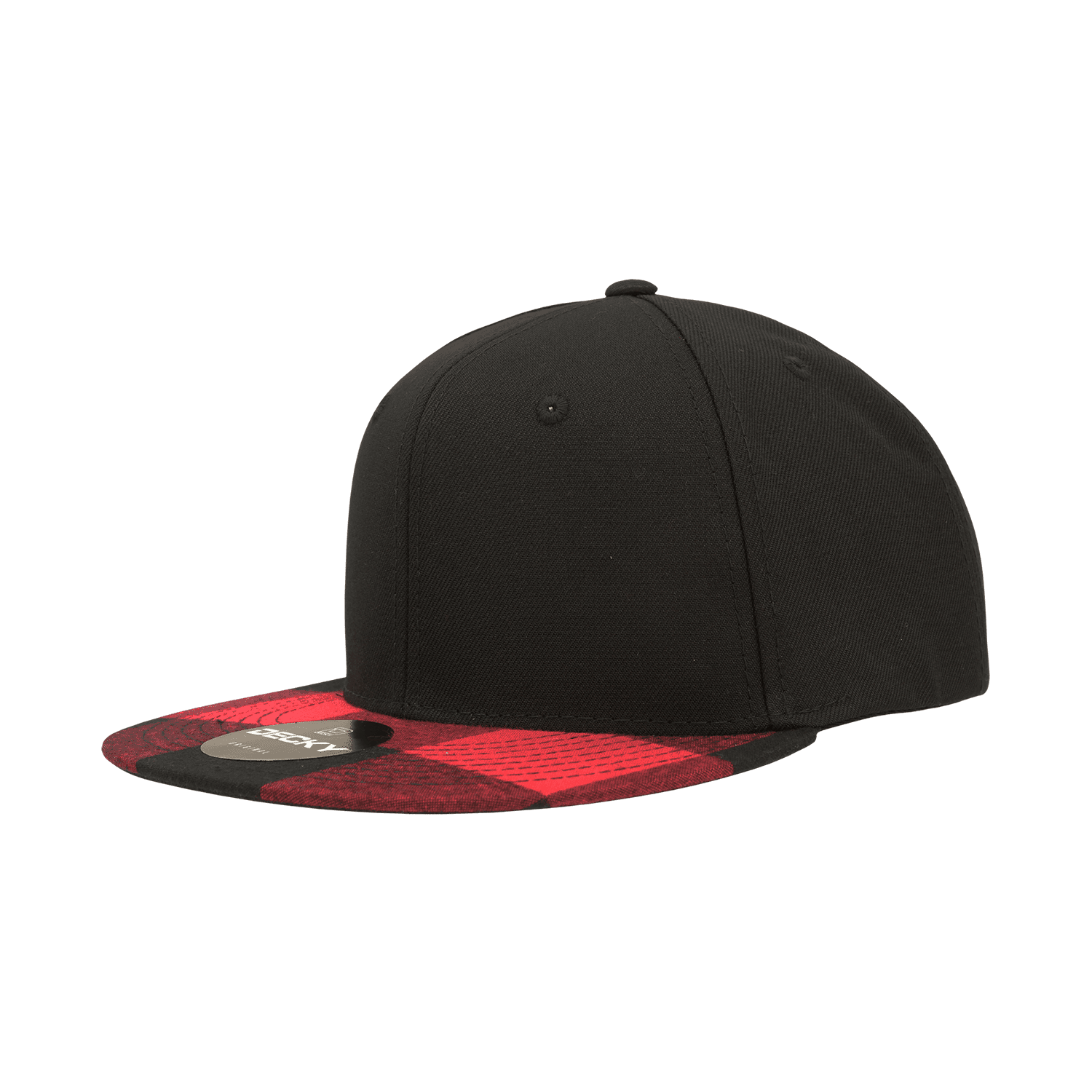 A black snapback cap featuring a red and black plaid bill, with a structured high profile and a logo on the front. 6 Panel High Profile Structured Plaid Snapback - Image 1