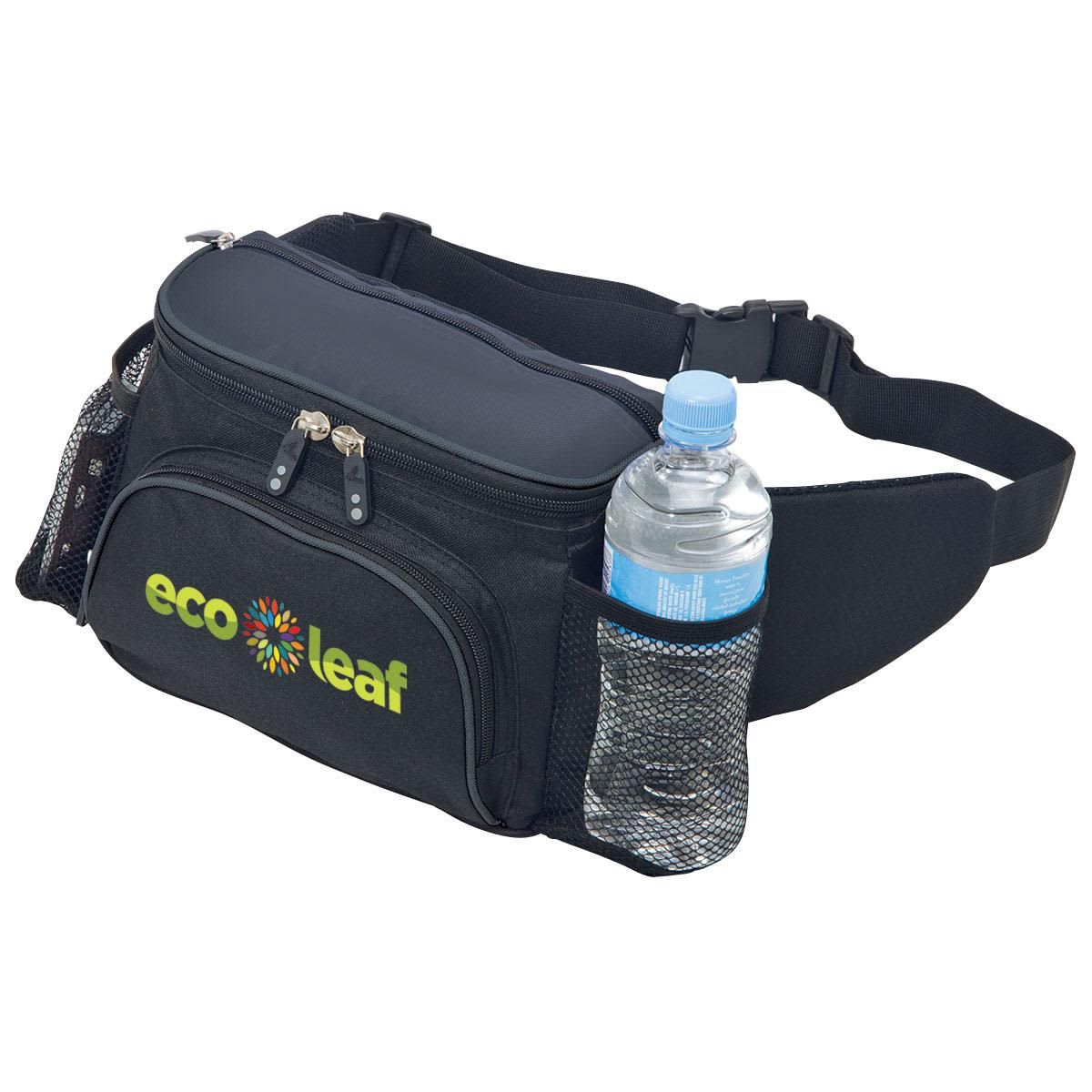 A black hiking waist bag with a drink bottle in a mesh pocket and a zippered compartment. It features a logo. Sportlite Hiking Waist Bag - Image 1