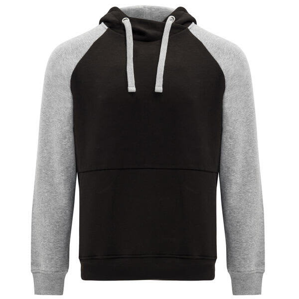 A hooded sweatshirt in black with grey sleeves and a front pocket, featuring a drawstring hood. Badet Hooded Sweatshirt (Youth) - Image 1