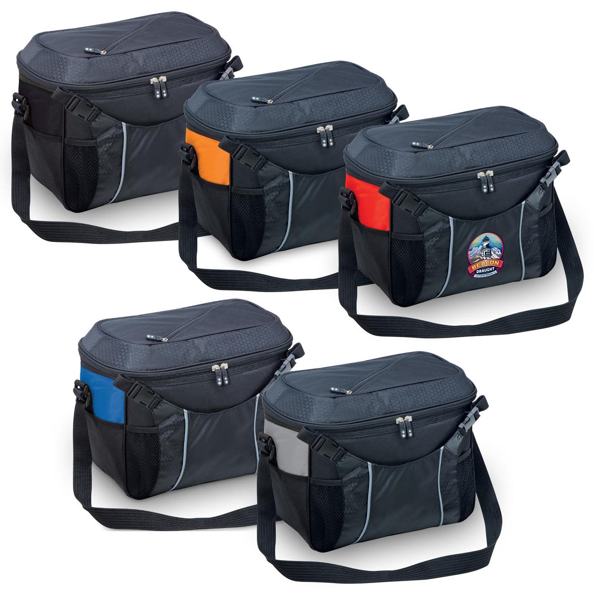 Five insulated cooler bags in black with various coloured accents: orange, red, blue, and one featuring a logo. Jump Cooler - Image 1