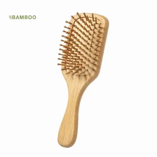 A bamboo hairbrush with a wide wooden base and wooden bristles, featuring a curved shape and ergonomic handle. Aveiro - Image 1