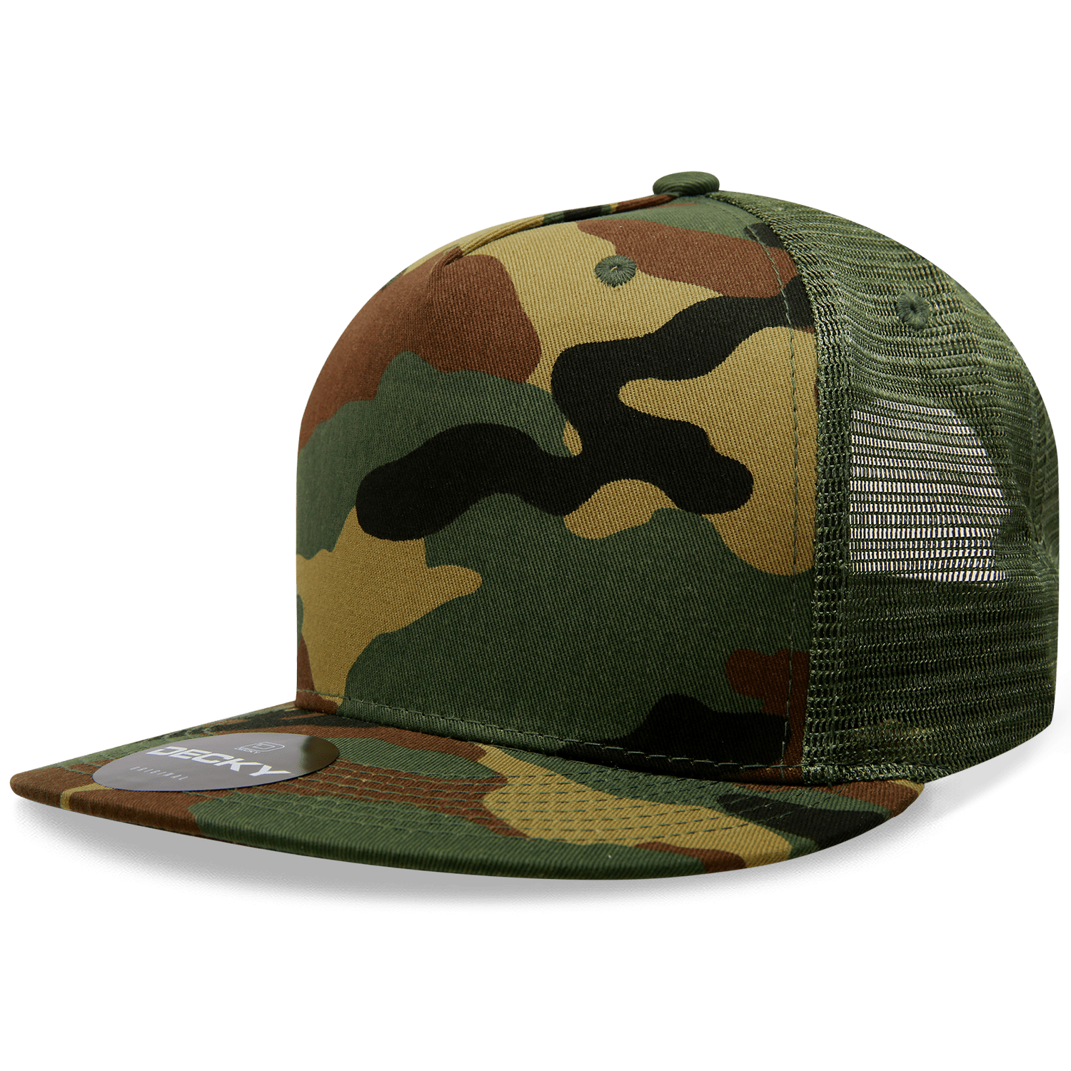 A camouflage 5 panel high profile structured trucker cap with a mesh back and a branded patch. 5 Panel High Profile Structured Trucker - Image 1
