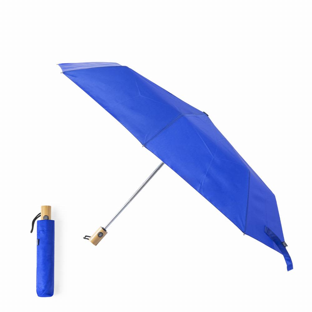 A blue umbrella with a wooden handle, accompanied by a matching carrying sleeve. Keitty - Image 1