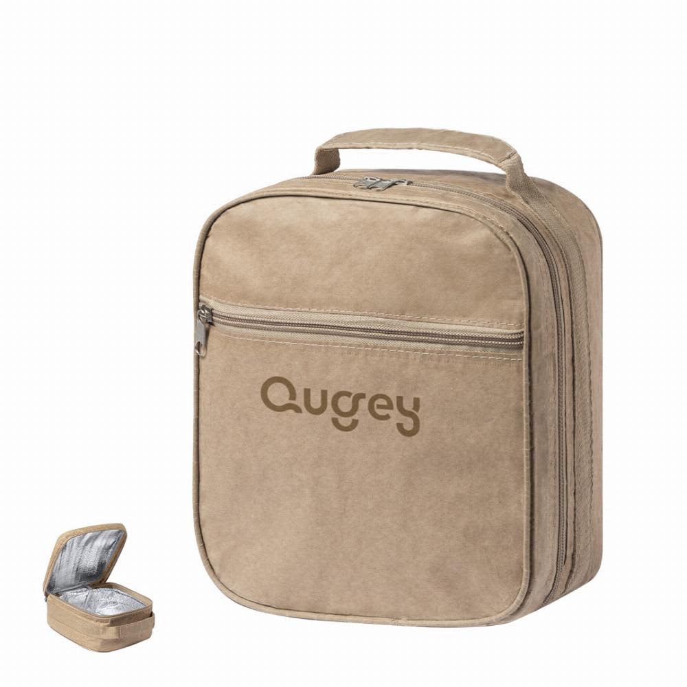 A beige insulated lunch bag with a handle and a zippered compartment, featuring a logo. Includes a small container beside it. Kasam - Image 1