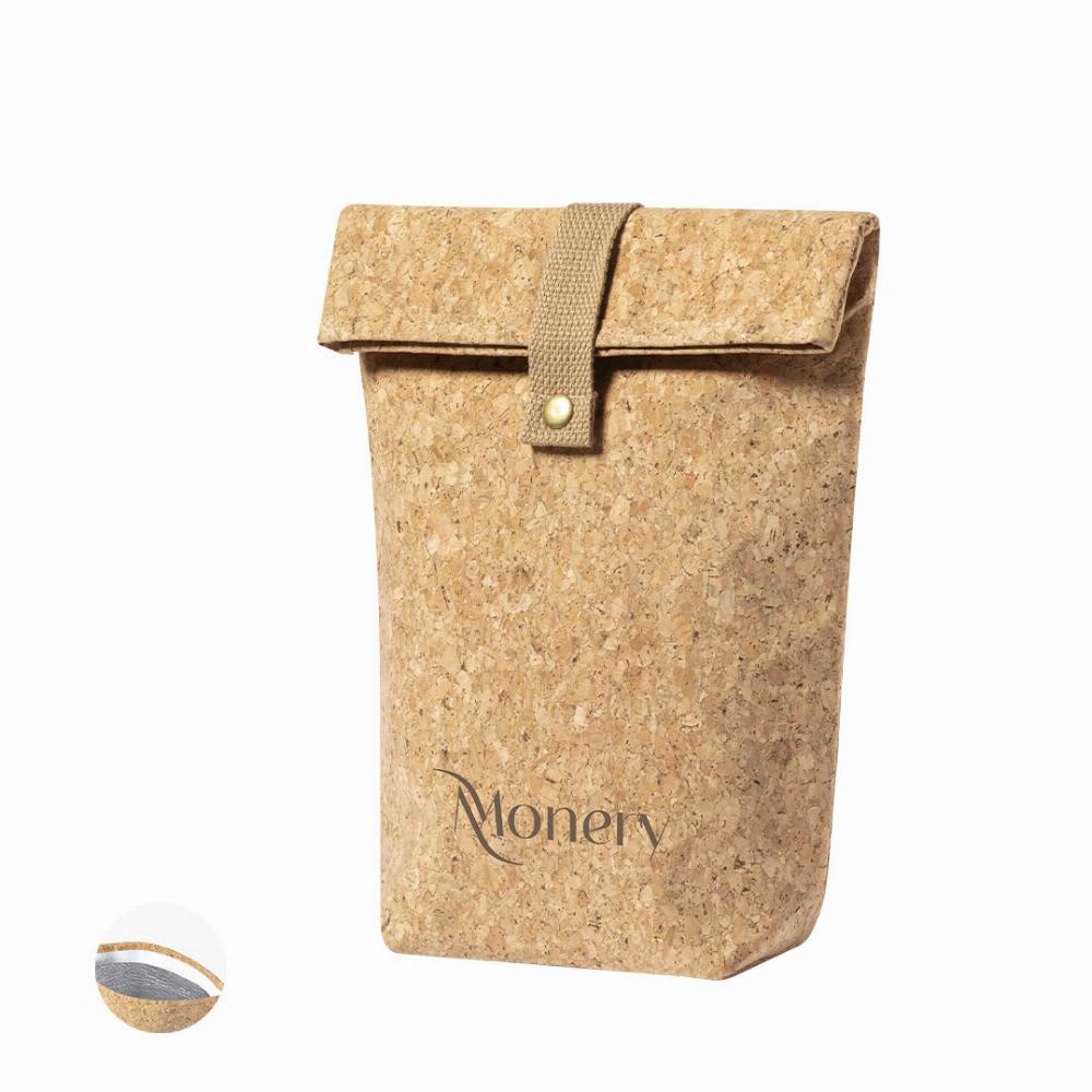 A drink bottle holder made from cork, featuring a fold-over design and a branding logo. Lumilda - Image 1