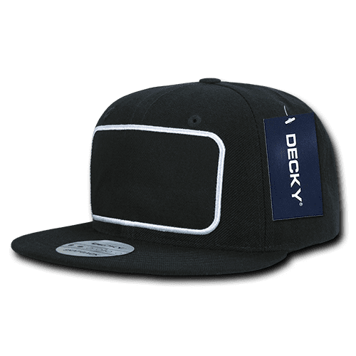 A black structured snapback cap with a patch area for custom designs and a branding tag. 6 Panel High Profile Structured Patch Snapback - Image 1