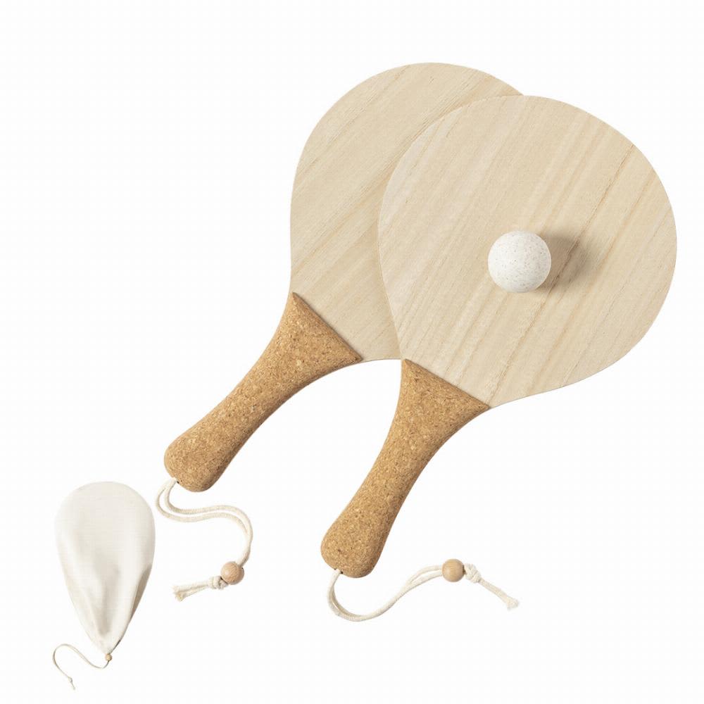 Two wooden paddle ball sets with cork handles and a white ball, accompanied by a white cloth bag. Bubbak - Image 1